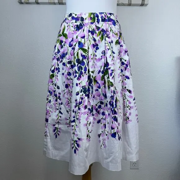 NWT Talbots Wisteria Print Midi Skirt Pleated Pockets Floral White Purple 2 - Picture 2 of 7